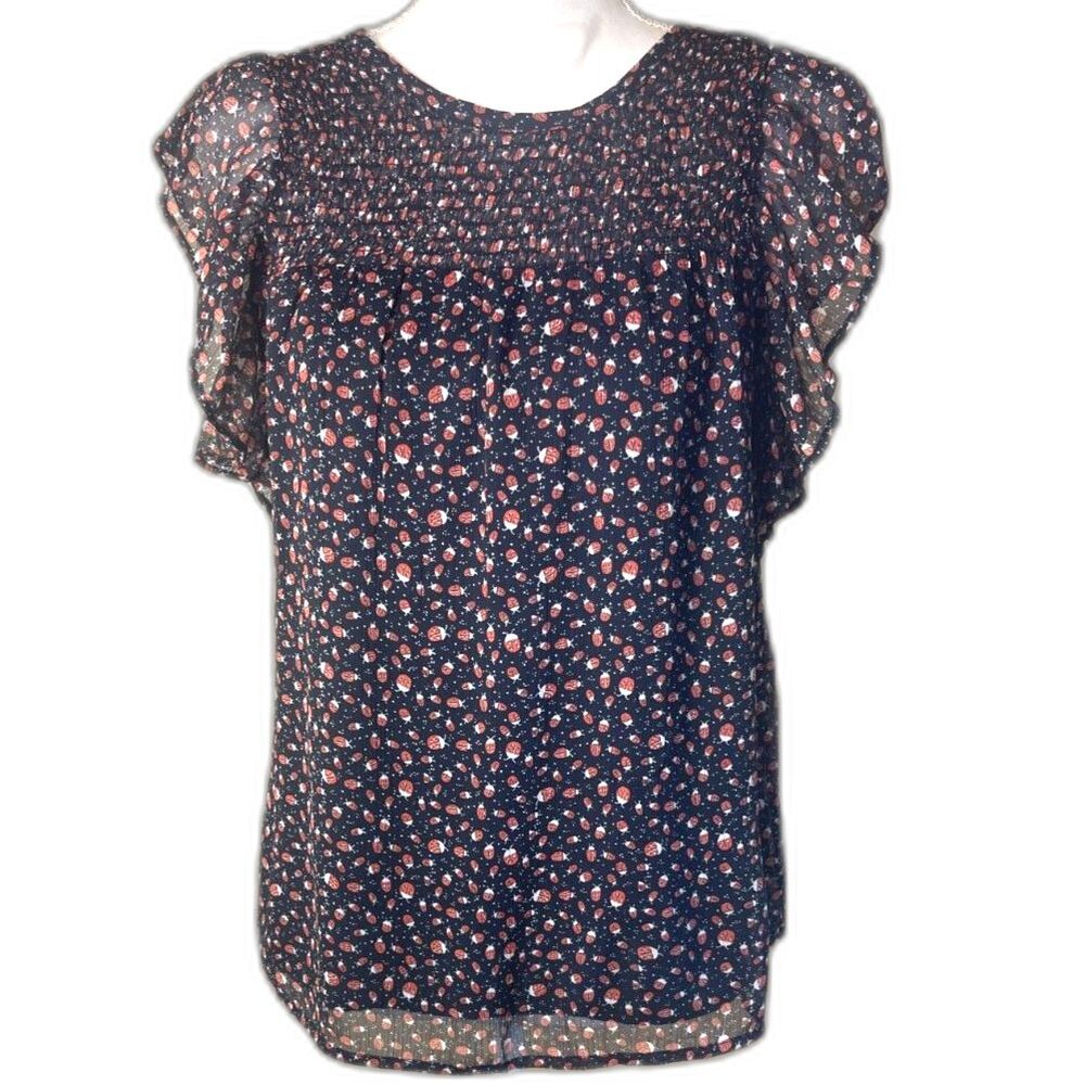 LOFT Womens Whimsical Ladybug Feminine Smocked Top SMALL Semi Sheer Black Dainty